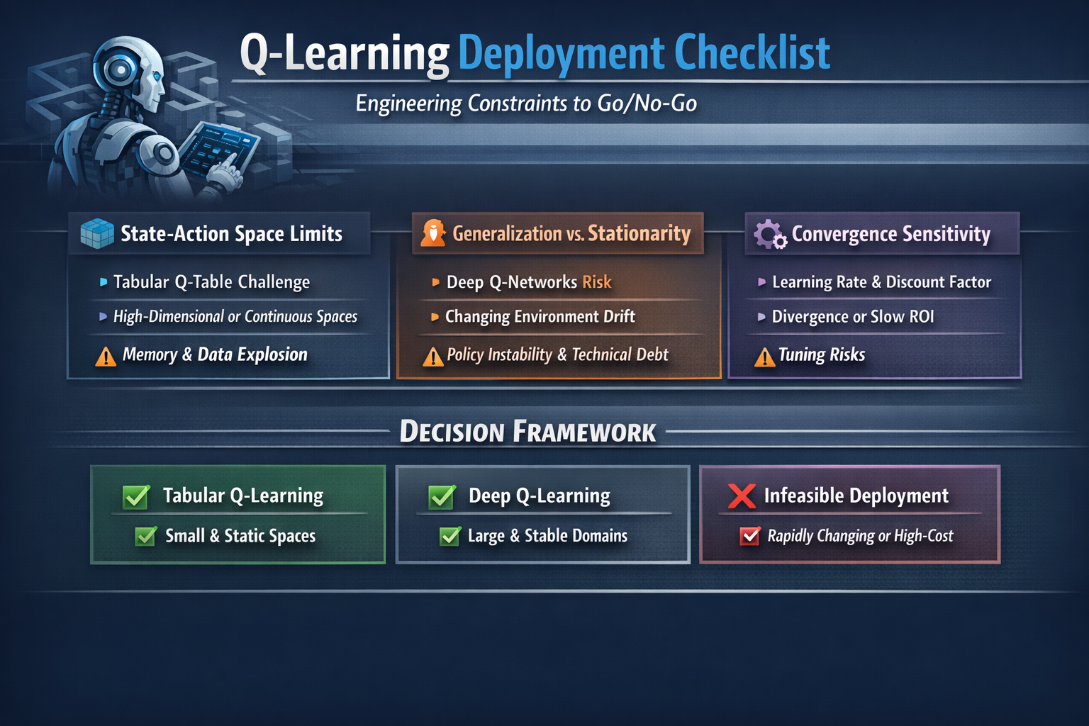 Q-learning: agent interacting with an environment—states, actions, rewards, and iterative Q-value updates