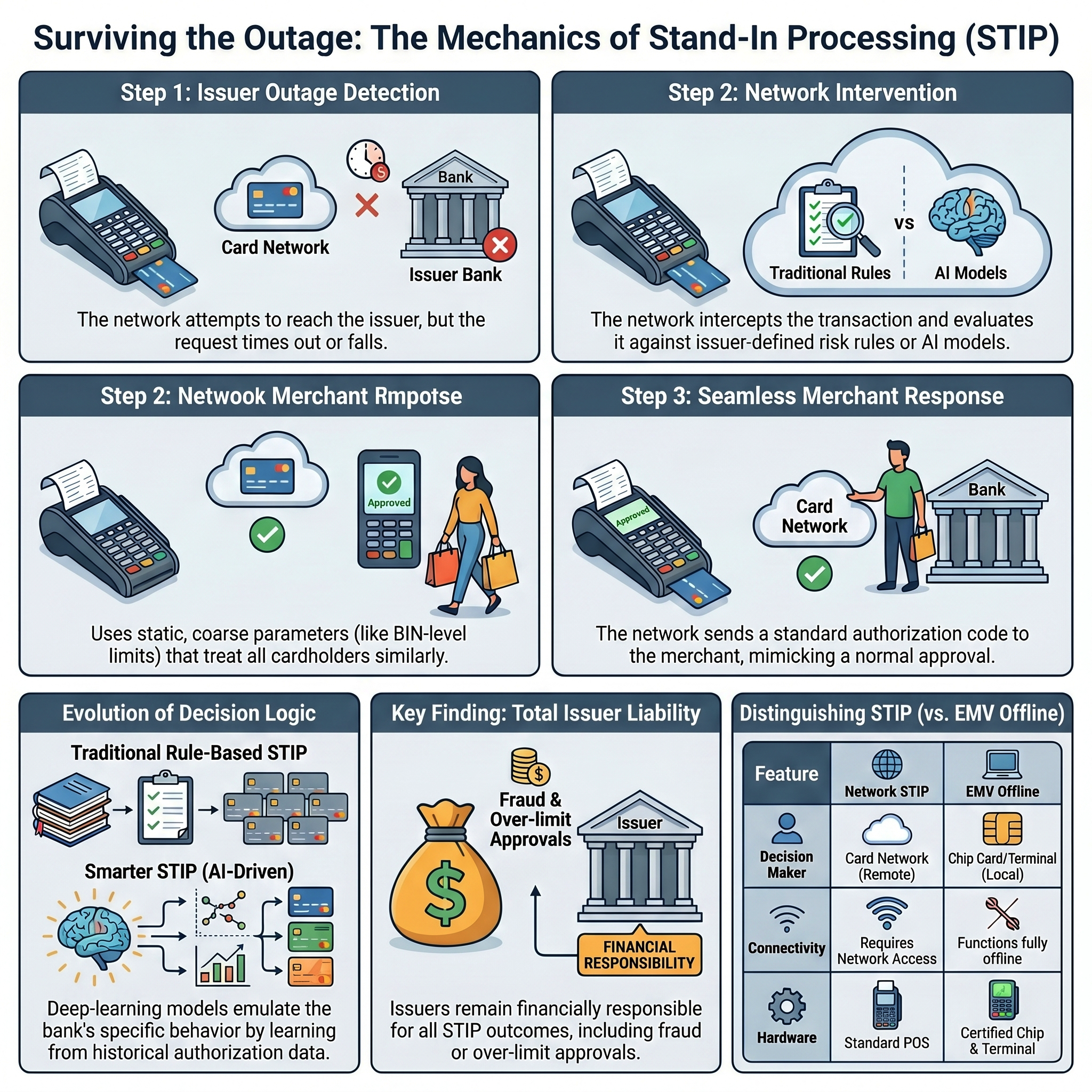 Surviving the Outage: The Mechanics of Stand-In Processing (STIP) — issuer outage detection, network intervention, merchant response, evolution from rule-based to AI-driven STIP, issuer liability, and STIP vs EMV offline