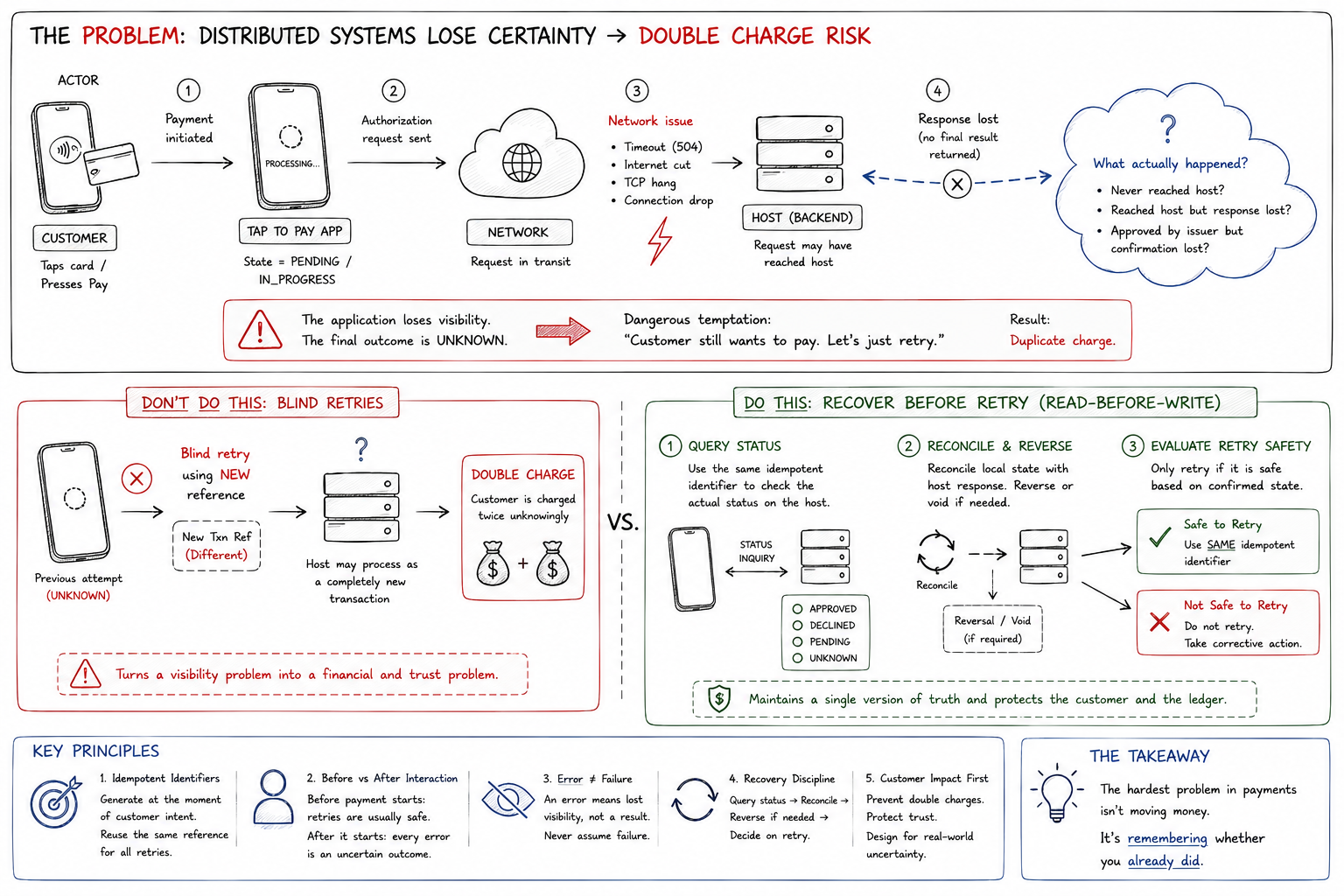 Distributed systems lose certainty leading to double charge risk: blind retries with a new transaction reference cause duplicate charges, versus recover-before-retry (query status, reconcile and reverse, evaluate retry safety) which maintains a single version of truth
