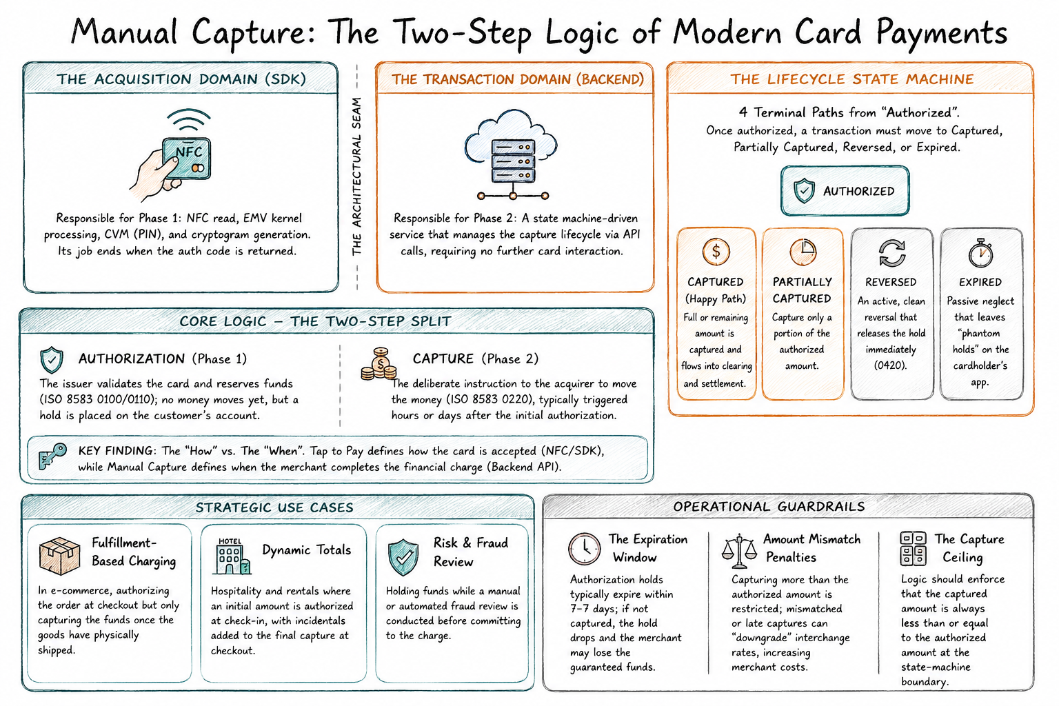 Full manual capture architecture: the acquisition domain (SDK) owns Phase 1 NFC, EMV kernel, CVM and cryptogram generation; the transaction backend owns Phase 2 as an API-driven state machine; the simplified AUTHORIZED lifecycle has four principal outcomes (Captured, Partially Captured, Reversed, Expired); strategic use cases include fulfillment-based charging, dynamic totals, and fraud review; operational guardrails cover the expiration window, amount-mismatch penalties, and the capture ceiling