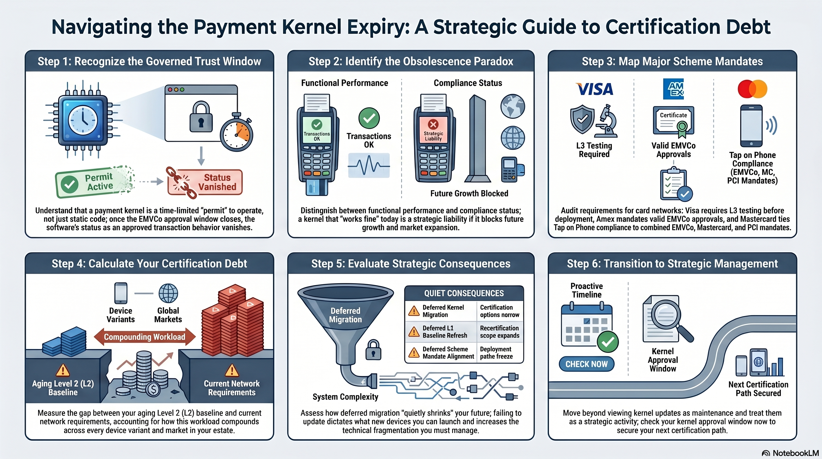 Infographic: navigating payment kernel expiry — approval permit versus code; functional versus compliance status; Visa Amex Mastercard mandates; certification debt gap; deferred migration consequences; proactive kernel approval timeline.