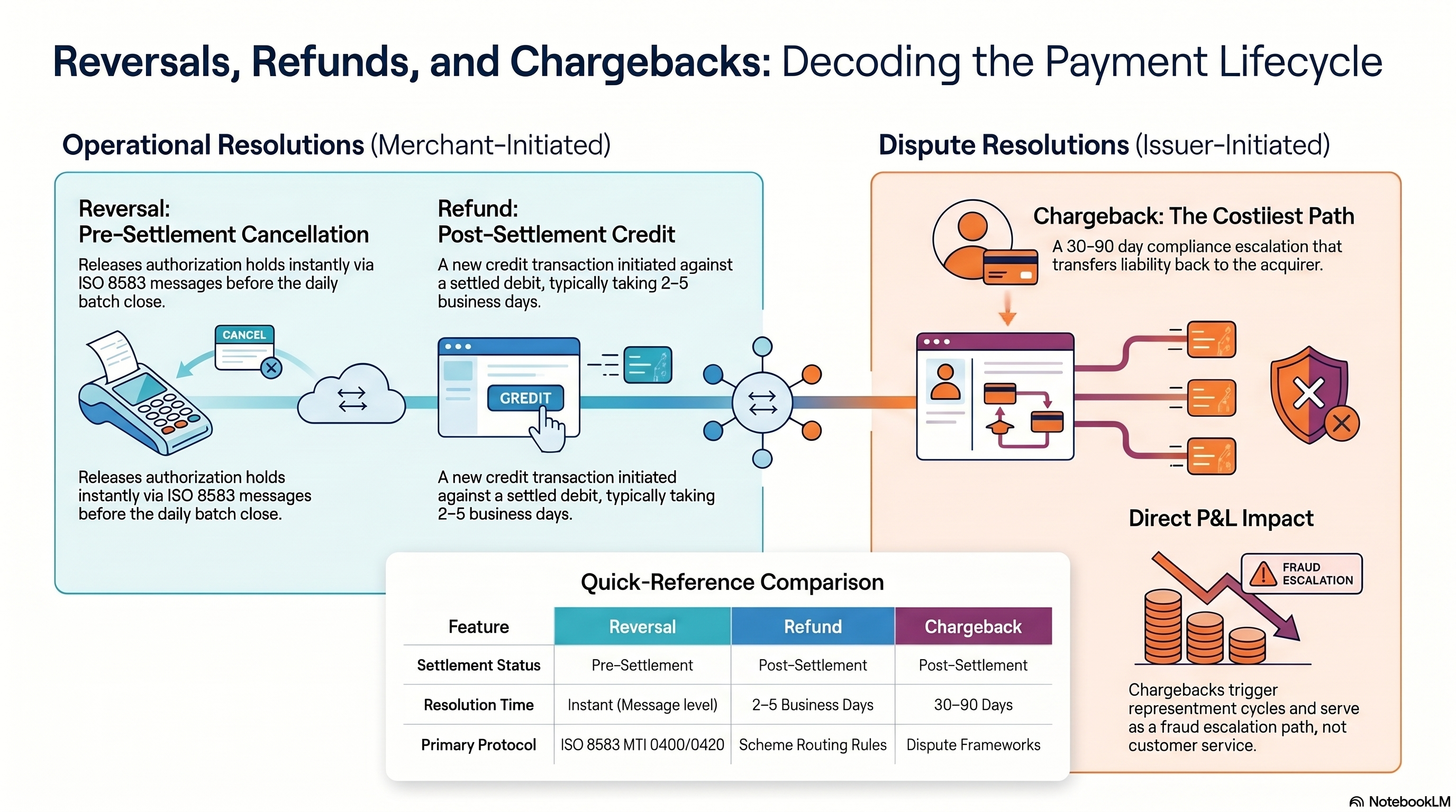 Reversals, refunds, and chargebacks across the payment lifecycle — operational resolutions (merchant-initiated) versus dispute resolutions (issuer-initiated)