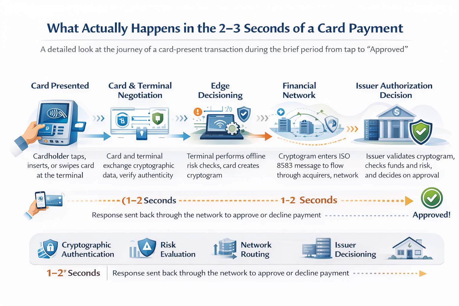 What happens in 2–3 seconds of a card payment — card presented, card and terminal negotiation, edge decisioning, financial network, issuer authorization, return path with Approved