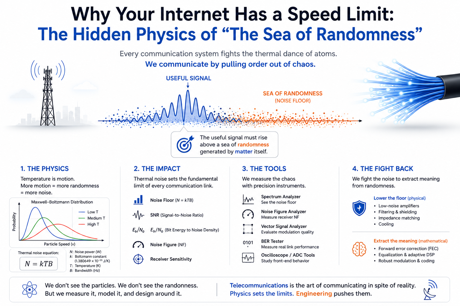 Infographic summary: thermal noise sets the noise floor (N=kTB), key metrics include SNR and Eb/N0, engineers measure it with spectrum analyzers and BER testers, and fight back with LNAs, FEC, and DSP